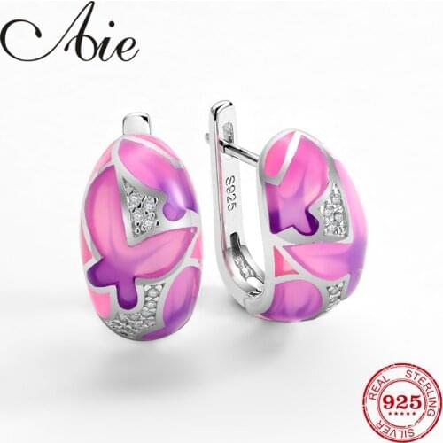 Fine Jewelry for women 925 Sterling Silver Earrings Flying butterflies pink Handmade Enamel with Cubic Zirconia Stud earrings