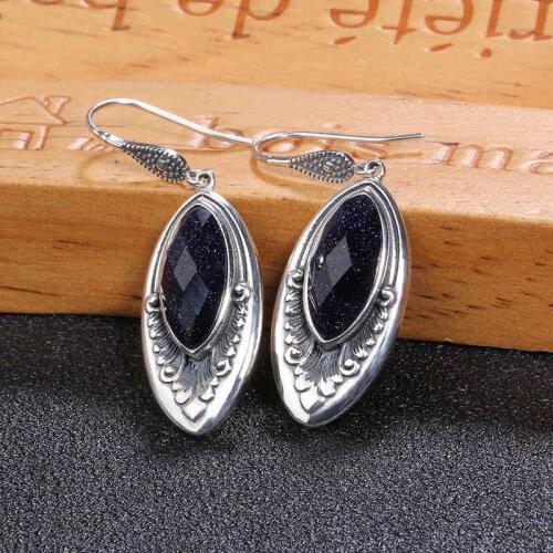ZHJIASHUN Vintage 100% 925 Sterling Silver Natural Sapphire Drop Earrings For Women Retro Blue Gemstones Earring Jewelry Female