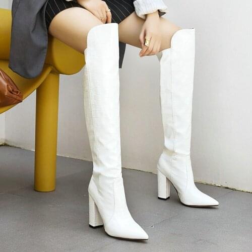 Women Stone Print Square High Heel Knee High Boots Fashion Slip On Westren Boots Ladies Pointed Toe Autumn Winter Long Boots