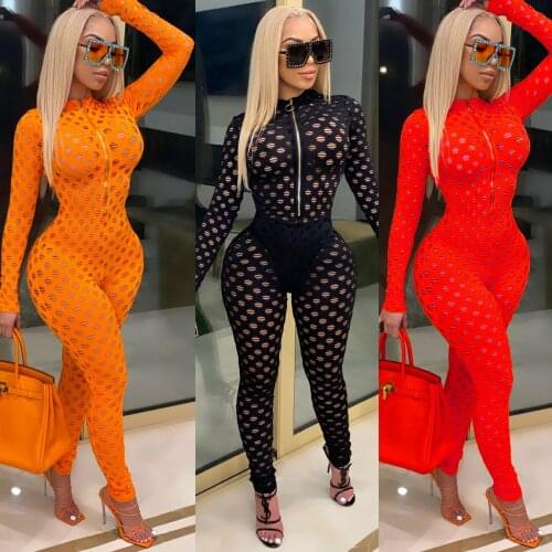 Casual See Through Women Jumpsuit Hollow Out Ftont Zipper Party Night Clubwear Long Rompers Womens Jumpsuit Overalls Outfit