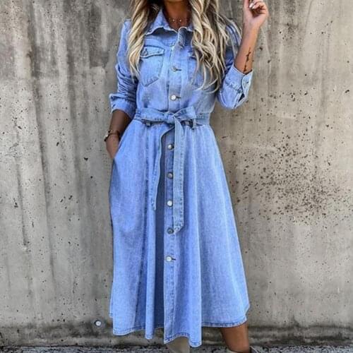 Single-Breasted High Waist Denim Dress Shrink-resistant Lapel Belt Long Sleeve Women Midi Dress Streetwear for Holiday