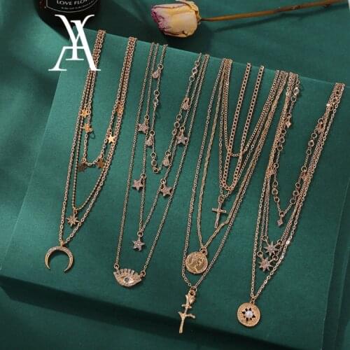 Bohemian Crescent Moon Star Multi layered Necklaces For Women Choker Vintage Coin Cross Pendant Necklace Statement Jewelry 2019