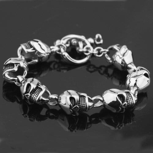 15mm Hip-hop Stainless Steel Silver Color And Gold Skeleton Skull Chain Biker Jewelry Men Bracelet Bangle 8.66"Fashion Gift 60G