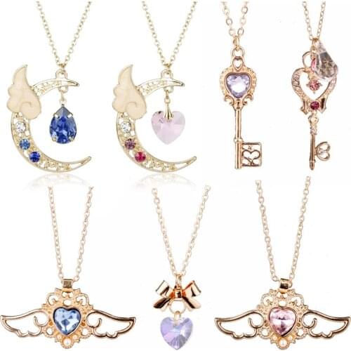Childhood Anime Star Moon Necklace Jewelry Crystal Heart Scepter Necklaces&Pendants for Women Girl Link Chain Choker Gift