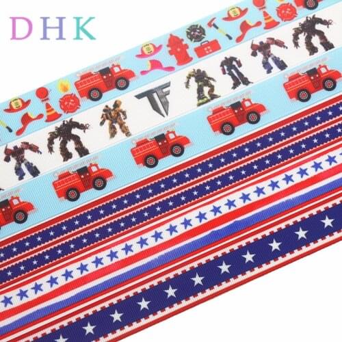 DHK 50yards US flag fire truck Transfer printed grosgrain Ribbon Accessory hairbow headwear decoration Wholesale OEM S1035