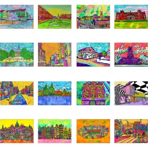 Manchester City art prints, psychedelic posters, Adair Market street art, colorful abstract modern wall art, unique pop landscap
