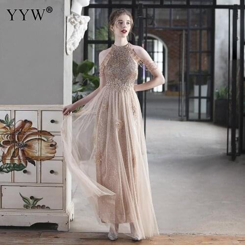 Sequins Mesh Patchwork Cocktail Gown Sexy Halter Robe De Soiree Sleeveless Gold Sequins Women Formal Dresses Club Party Vestidos