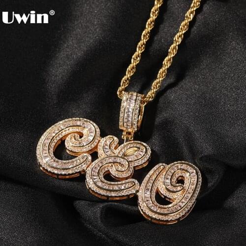 UWIN Custom Baguette Cursive Name Pendant Necklace Iced Cubic Zirconia Letters Pendant Hip Hop Fashion Jewelry for Gift