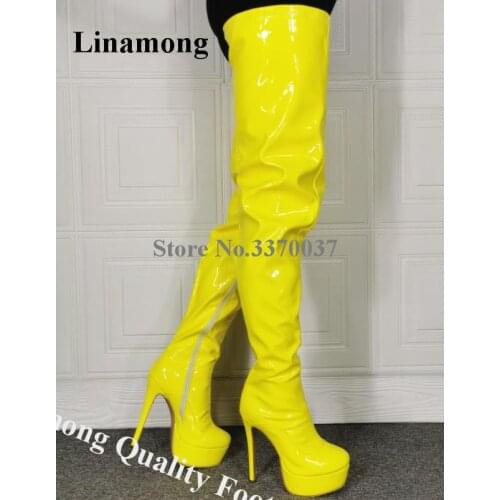 Linamong Shining Patent Leather Over Knee High Platform Stiletto Heel Boots Slim Yellow Thigh High Long Boots Club Dress Boots