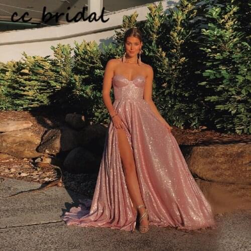 Sweetheart Sparkly Prom Dresses Long 2020 Sexy Backless Slit rochii Evening Gowns vestidos de fiesta largos elegantes de gala