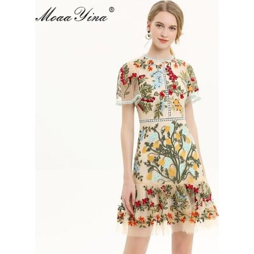 MoaaYina Fashion Designer Runway dress Spring Summer Women Dress Flare Sleeve Floral Mesh Embroidery Slim Elegant Dresses