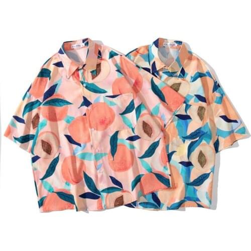 Men Shirt Short Sleeve Pink Yellow 2021 New Summer Loose Pocket Cartoons Peach Male Shirt Thin Comfortable Chinese Style S64