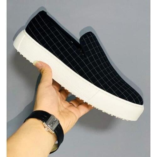 New arrival gingham canvas casual shoes for men slip on genuine leather men shoes fashion loafers