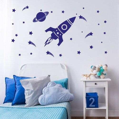 Nursery Bedroom Wall Decal Astronomy Outer Space Rockets Planes Deocr Removable Vinyl Wall Stickers LX350