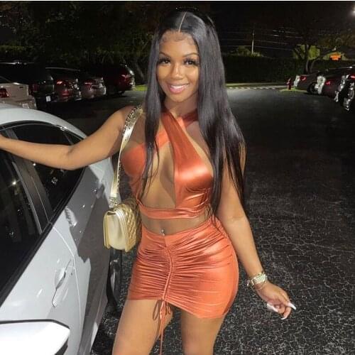 Orange Drawstring Halter Neck Party Dresses Ruched Bandage Hot Sexy Club Nibht Birthday Outfit Women Skinny Mini Summer Dress