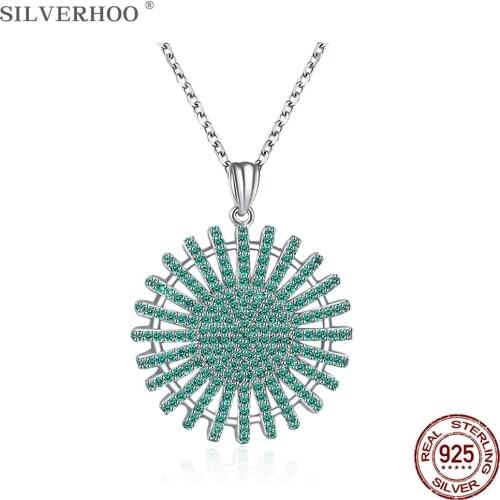 SILVERHOO Sterling Silver 925 Jewelry Hollow Round Flower Pendant Necklace For Women Trendy Green Full Cubic Zirconia Necklaces
