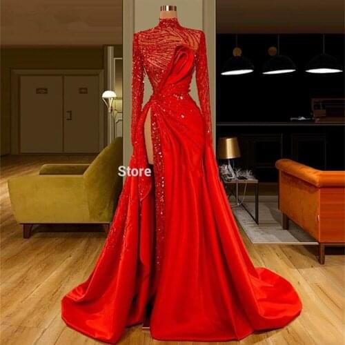Luxury Red Party Dresses Celebrity Evening Dresses High Neck Split Side Sexy Prom Gown Dubai Arabic Full Sleeves Robe De Soiree