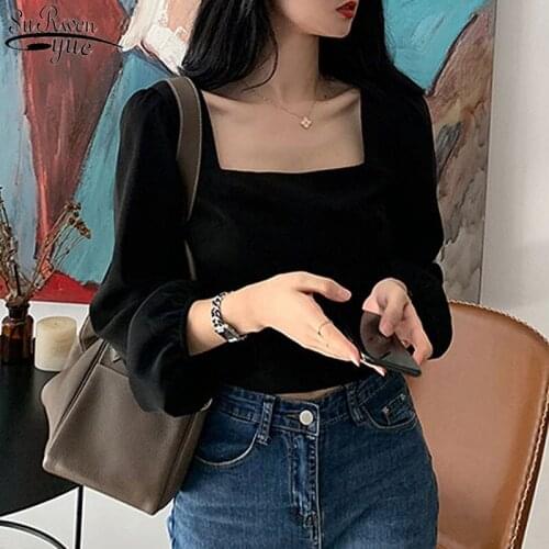 Autumn New Vintage Black Long Sleeve Shirt Women Square Collar Short Sexy Corset Top Blouse Femme Casual Female Shirts 12455