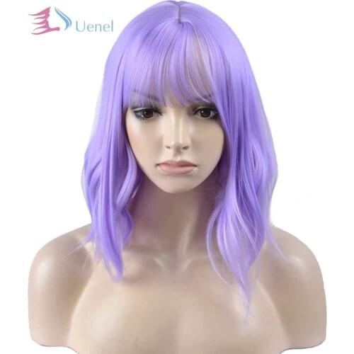 Uenel 14'' Short Curly Women Girls Charming Synthetic Wig with Air Bangs Wig Cap Included Lavender Purple