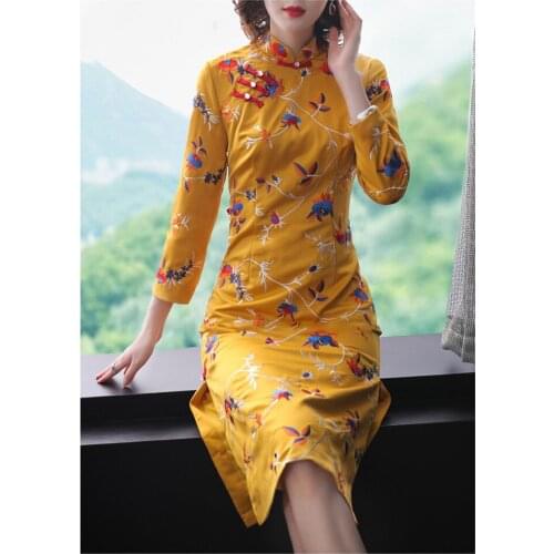 Spring original design Chinese style full flower Embroidered big size retro improved cheongsam dress for women