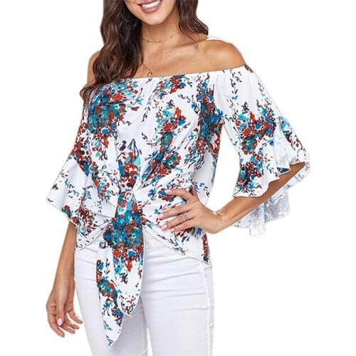 Hot Sale WomenS Print Shirt Female Shirts Summer LooseSummer Print Bandge Short Sleeve Casual Women Off Shoulder Tops Print