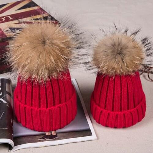 Womens Winter Knitted Hat With Real Mink Fur Ball Winter Hat For Children Baby Boy Girl 's Warm Cap Hat Thick Skullies Beanies