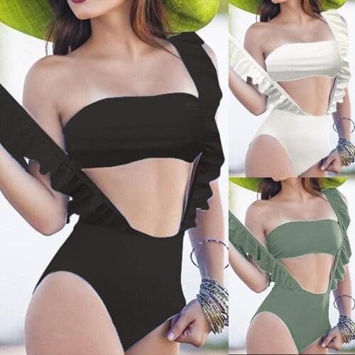 Flouncing Hanging Shoulder Women Swimsuit Sexy Paded Ruffled Sides Bikinis Set Bathing Suit Beachwear Summer Brazilian Bikini