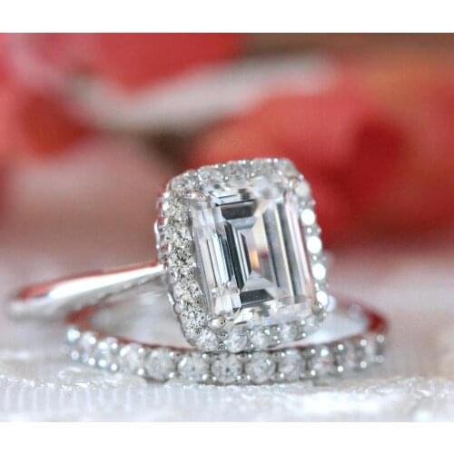DEF Color 4.0CT 10X8MM Emerald Cut Moissanite Ring Set Solarite with Accents, Full Eternity Band Ring For Women