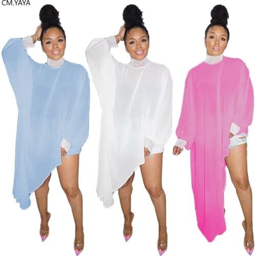 CM.YAYA Women Long Sleeve Lace Patchwork Irregular Blouse Maxi Dress Sexy Club Party Streetwear Long Dress