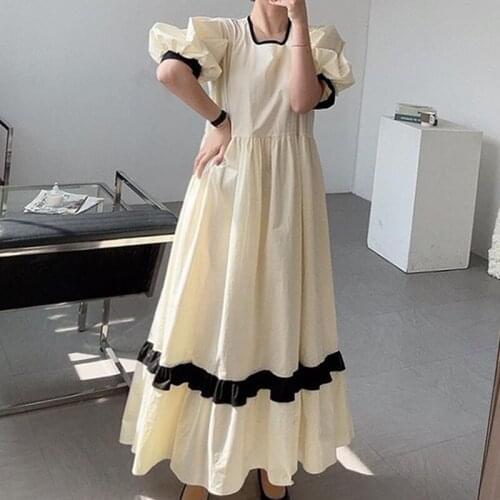 2021 Free Shipping New Women Dress Chic Playful Square Collar Hit Color High Waist Loose Swing Bubble Sleeve Doll Dress Female