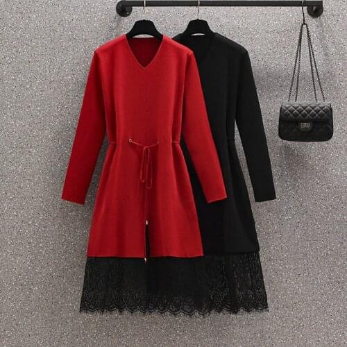 Fashion Large Size Women Clothing Autumn Winter Lace Patchwork Knitted Sweater Dress V Neck Long Sleeve Loose Pullover M138