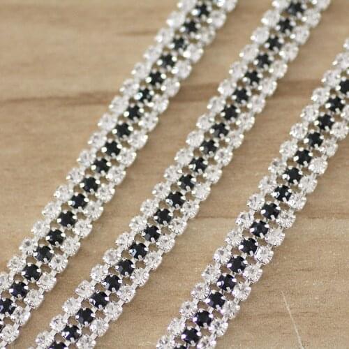 1 yard 3 Rows Crystal + Black Rhinestone Cup Chain Silver Base With Claw Dress Decoration Trim Applique Sew on Garment Bags