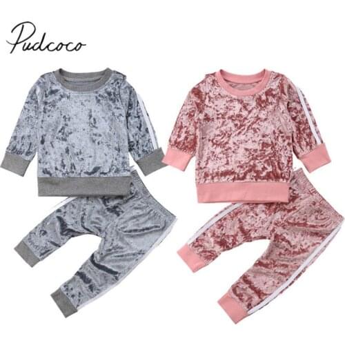 2020 New Fashion Toddler Baby Girls Clothes Sets 2PCS Velvet Long Sleeve Solid Pullover Sweatshirt Tops+Pants Outfit 6M-5Y