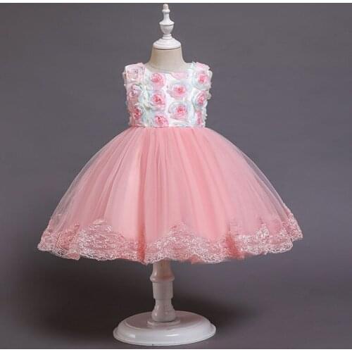 2021 New Children Evening Dress 3D Flower Applique Girls Lace Puffy Dress 2-10Year Toddler Princess Wedding Performance Costume