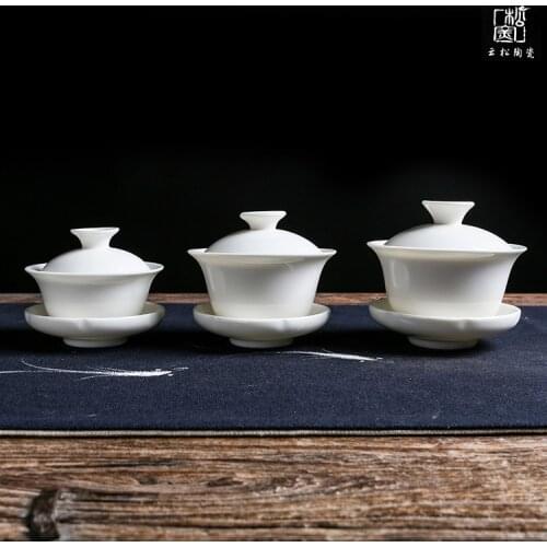 Ceramic Whiteware Cover Bowl Kung Fu Tea Set Small Number Three-Force Tea Bowl Jade Porcelain Gift Ceramic Cup with Cover Gaiwan