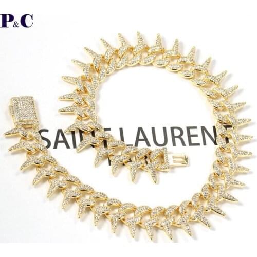 Barbed Cuban Link Mens Chain Zircon Hip Hop Necklace Choker Iced Rock Jewelry Heavy Miami Copper Gold Color