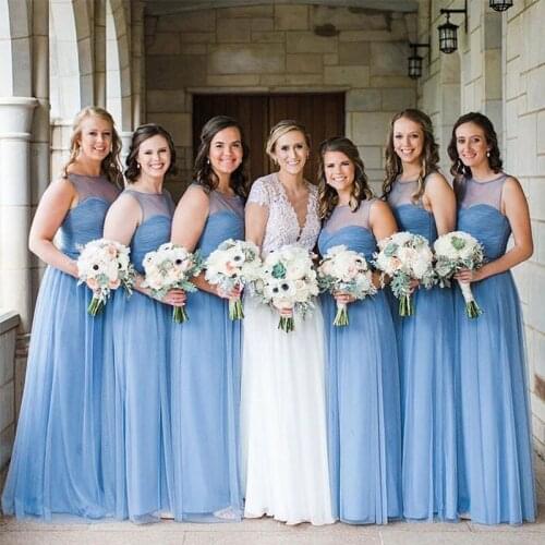Lamiabridal Illusion Tull Scoop Neck Light Sky Blue Bridesmaid Dresses Pleats Tulle Robe De Soiree Wedding Gust Party Dresses