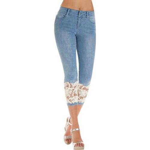 Hot Slim Embroidery Lace Hollow Pants Women Summer Elastic Lace Denim Casual Cropped Trousers Cropped Jeans Stretch Plus Size