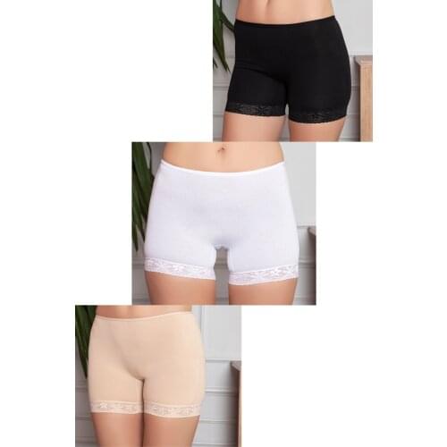 LUXXA WOMEN BLACK-WHITE-SKIN LONG LACE DETAILED SHORTS KIT 3'LÜ