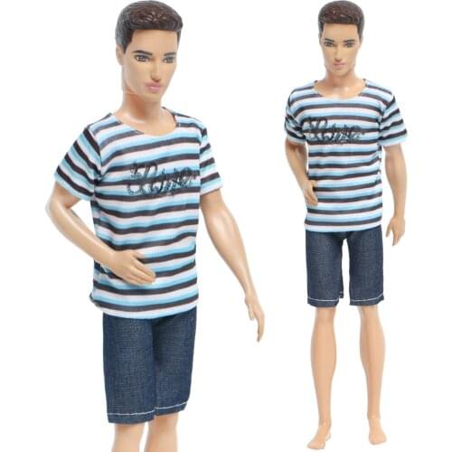 Fashion Mens Doll Outfit Striped Casual Daily Wear T-Shirt Short Pants Black Clothes Accessories for Ken Doll Kids Toy