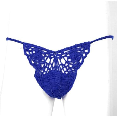 Iiniim Mens Exotic Panties Handmade Crocheted G-String Hollow Out Sissy Bulge Pouch Briefs T-Back Thongs Underwear Underpants