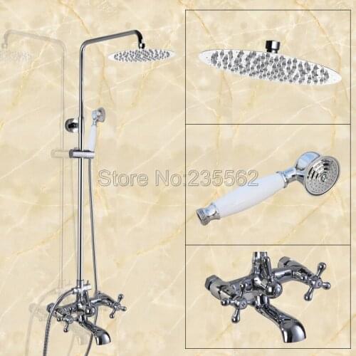 Wall Mounted Polished Chrome Brass Rainfall Bathroom Rain Shower Faucet Set Dual Handle Tub Mixer Tap + Hand Shower Spray lcy322