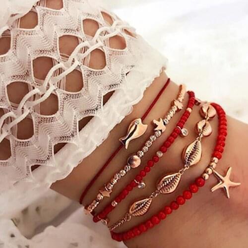 5PCS/Set Anklet Bohemian Festive Red Beaded Starfish Wove Rope Foot Chain Combination Summer Beach Fish-Shape Jewelry For Womens