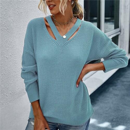 Autumn T Shirt Ladies Long Sleeves Tops Knitted Casual Hollow Out V Neck Loose Female Solid Color Pullover