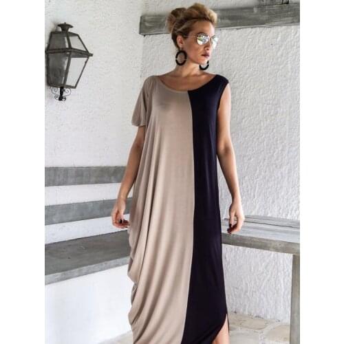 Khaki black dress long one shoulder casual floor length summer dress Women Summer Evening Party Beach Patchwork Long Maxi Dress