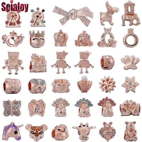 Seialoy Rose Gold Cartoon Animals Beaded Charm Fit Bracelets & Bangles Shiny Rhinestone Crown Peacock Beads Jewelry Accessories