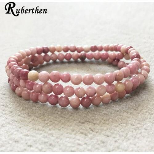 Ruberthen Hot Sale 4 mm Rhodonite Stacking Bracelet set Fashion Women`s Bracelet 3 Wrap Mini Gem Stone Energy Bracelet