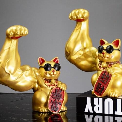 Golden Abstract Big Arm Muscle Cat Shop Living Room Decoration Statuette Lucky Cat Cartoon Animal Sculpture Vigorous Cat Statue