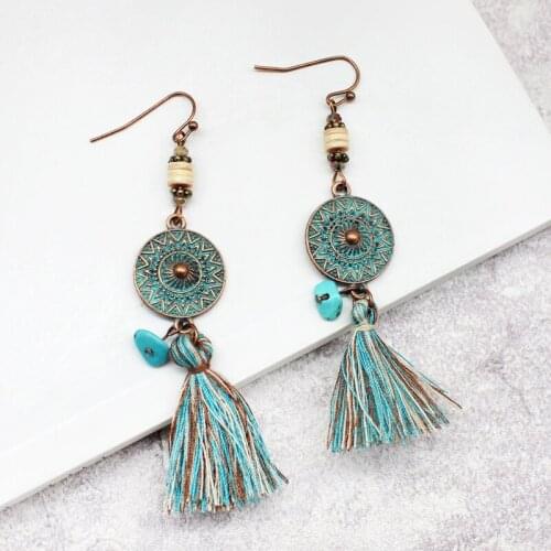 Shield Coin Pendant Tassel Earrings Natural Stone Wooden Bead Hanging Beads Retro Totem Earring Country Holiday Bohemian Jewelry