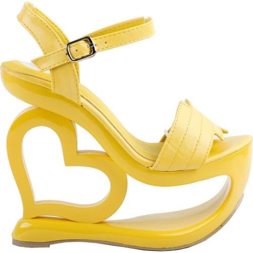 LF40210 Yellow Strappy Heart Heel Wedge Bridesmaid Wedding Sandals Size 4/5/6/7/8/9/10
